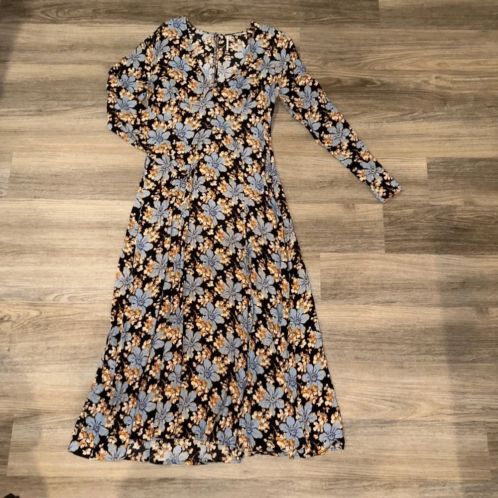 Free People Women's‎ Black Blue Floral Midi Dress Size 8 Medium Slit